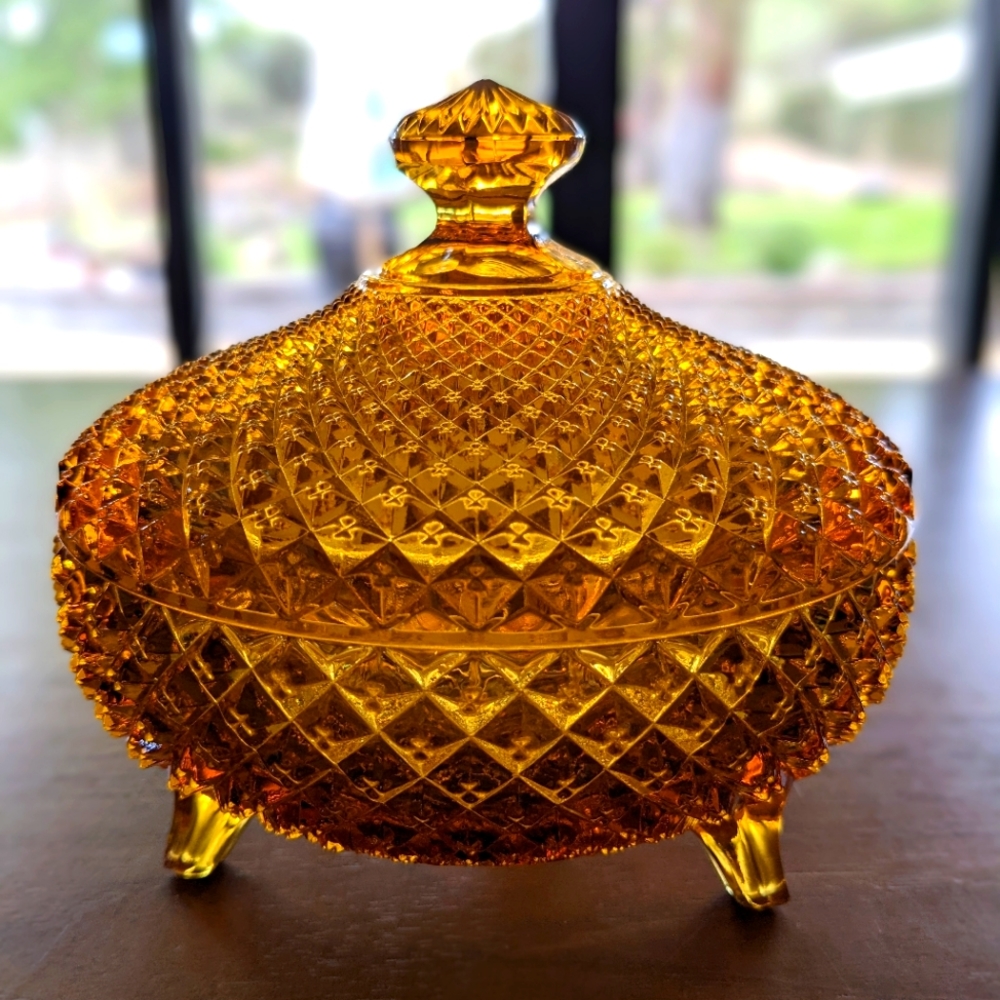 Vintage Footed Amber Glass Bowl with Lid